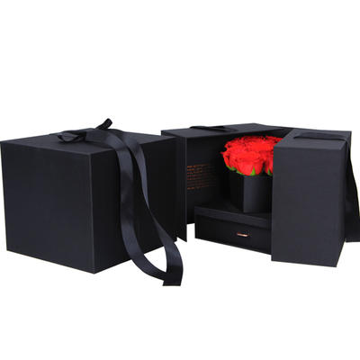 Wholesale Flower Chocolate Paper Box Black Cardboard Creative Hardcover Gift Flower Packaging Box with Ribbon Switch