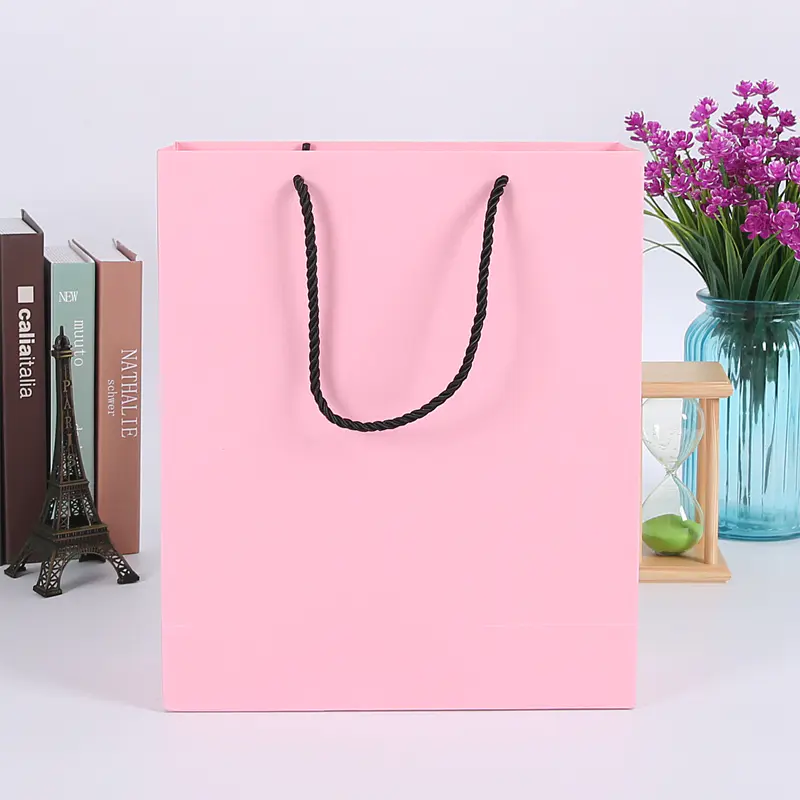 Wholesale Blank Pink Gift Bags With Black Handle | Custom Paper Gift Bags