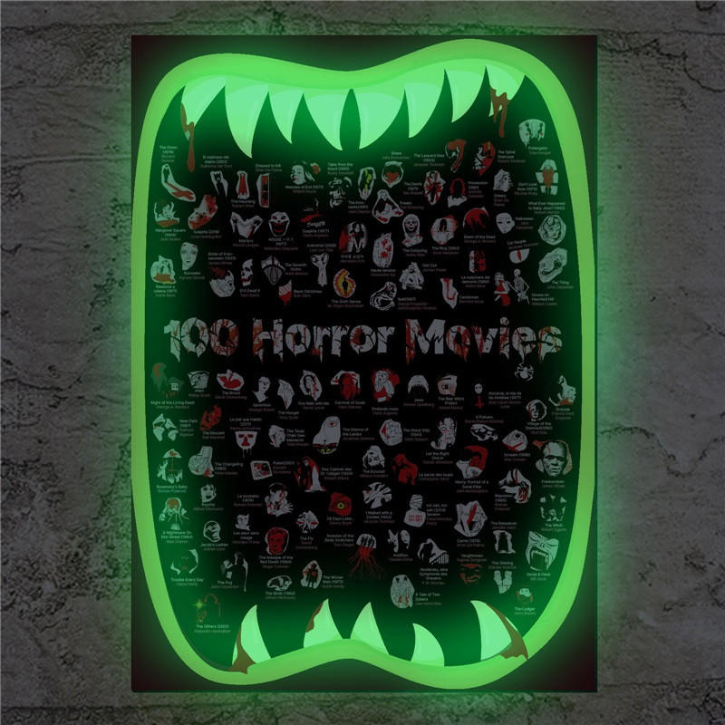 100 Horror Movies Luminous scratch Poster - Bucket List Collection - Halloween Horror Movie Gifts and Decor