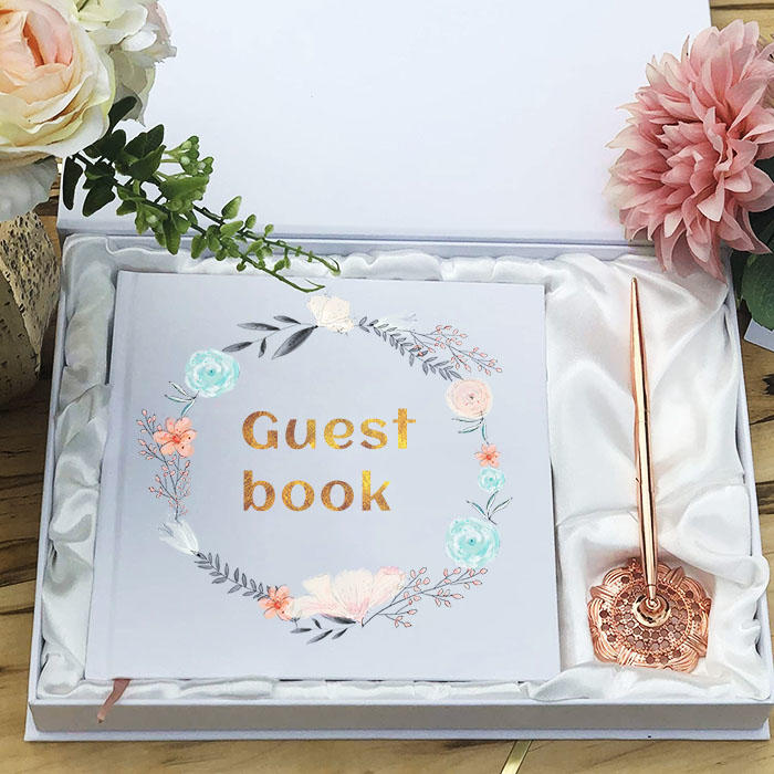 product-GORGEOUS Watercolor Pink And Gold Boho Chic With Gold Text And Floral Cover, Rustic Guestboo-1