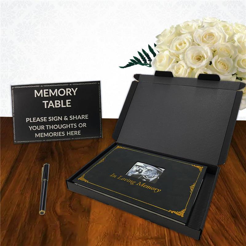 Black Pu Gold Embossed Hardcover Celebration of Life Sign in Book Funeral Guest Book with Pen Set